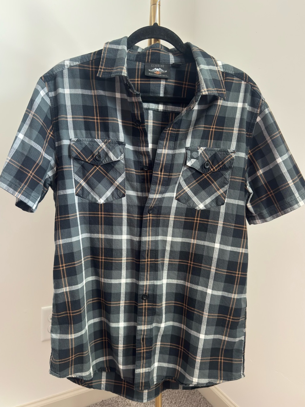 Men's Harley Davidson Short Sleeve Plaid Shirt - Black & Grays with Brown Accent
